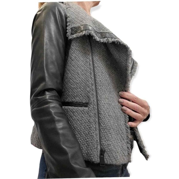 VINCE Gray and Black Blazer preppy leather with Asymmetrical Closure M - Picture 2 of 11